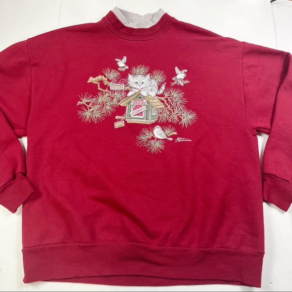 Vintage Tops - Vintage Cat Sweatshirt size Large Birds Nature Red Pullover